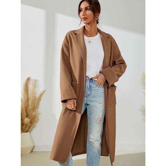 Camel tan brown pea coat Split Hem Overcoat - Picture 6 of 7